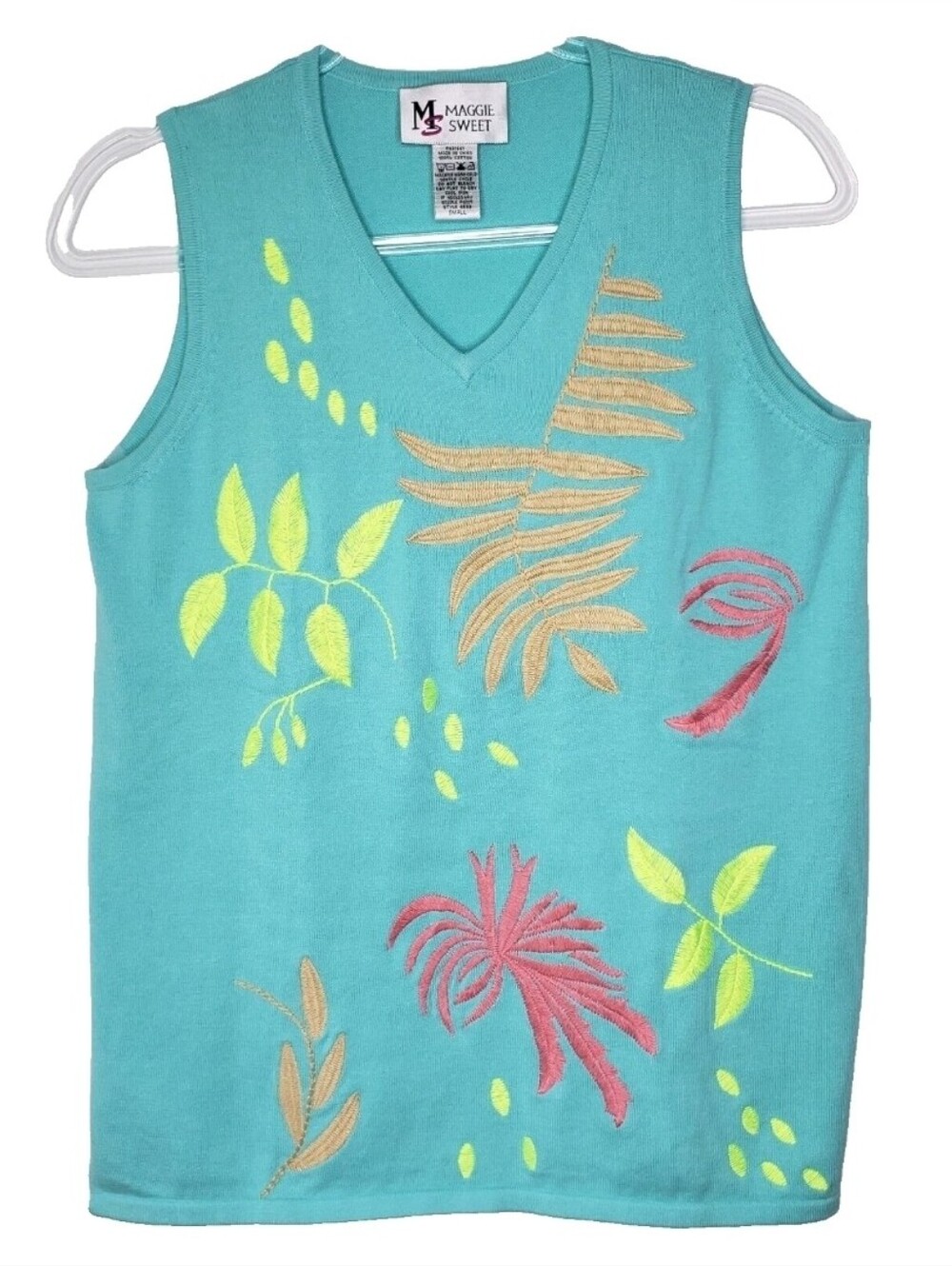 Maggie Sweet Teal Tank Top Size Small Abstract Floral Embroidered V Neck Cotton